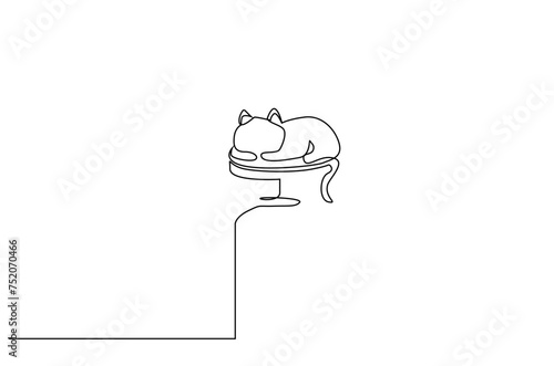 cute cat lies on the chair at home sleeping one line art design