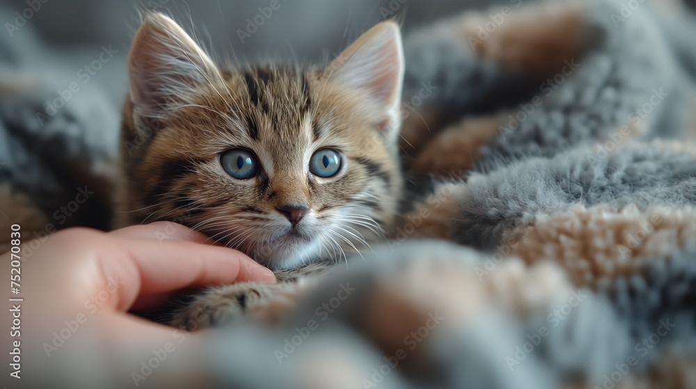 Adorable Kitten with Striking Blue Eyes Enjoying a Soft Touch