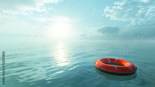 A lifebuoy gently floats upon the calm sea, a reassuring symbol of security amid the endless expanse of the ocean