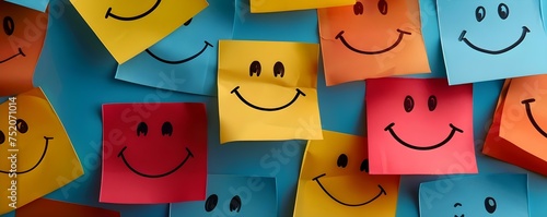 Celebrating Happiness and Healthy Minds with Smiling Face Stickers and Sticky Notes. Concept Mindful Practices, Positive Affirmations, Healthy Lifestyles, Emotional Well-being, Happy Mindfulness