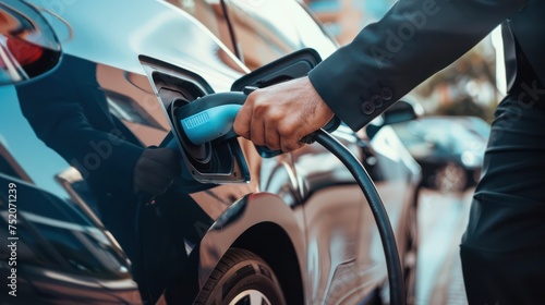 Close-up photo of a businessman using an electric car charger to charge his vehicle