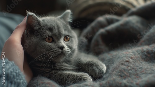 Serene Gray Cat Enjoying Gentle Strokes Under Warm Blanket