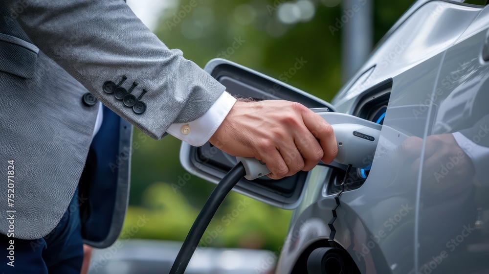 Close-up photo of a businessman using an electric car charger to charge his vehicle Close-up photo of a businessman using an electric car charger to charge his vehicle