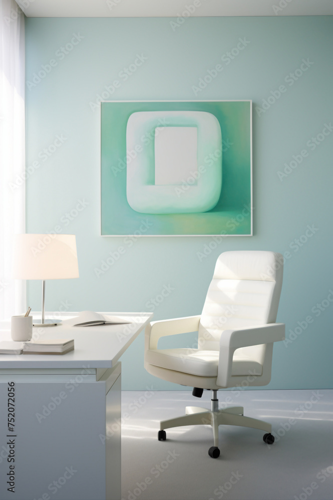 An office environment embracing modernity and elegance, featuring a clean white frame against a wall painted in soft, inviting hues, exuding sophistication.