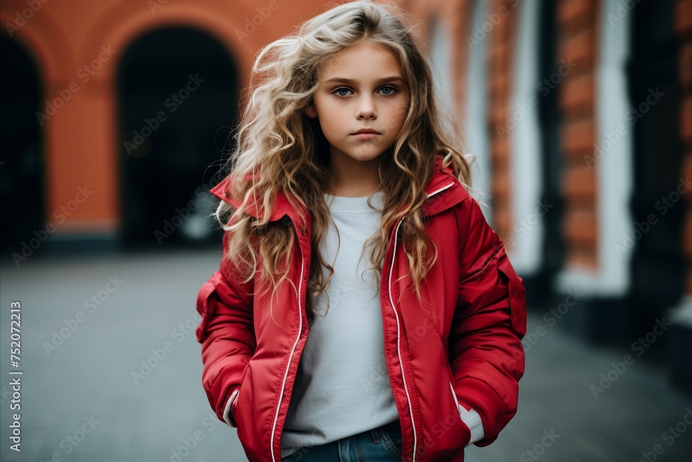 Portrait of a young girl in a red jacket on the street.