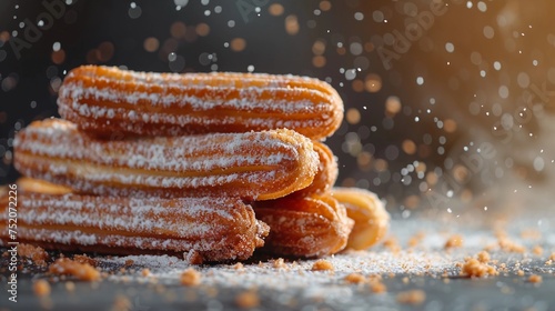 Stack of Sugary Churros With Falling Sugar Crystals, Warm Golden Tones And Bokeh Background, Close-Up View. Mexican and Latin American Cuisine. Cinco de Mayo Celebration. AI Generated