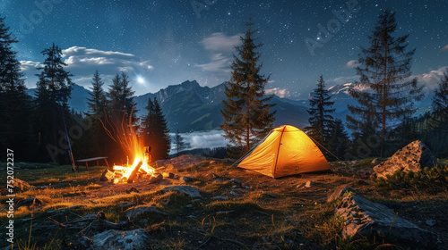 A tent is set up in the wilderness under the night sky