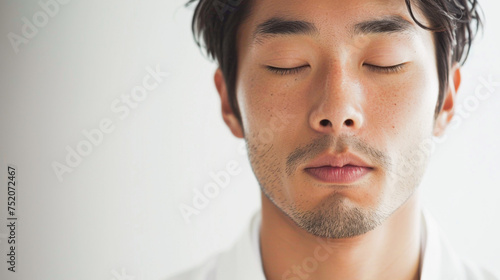 Close up of Asian handsome man’s face with beard and moustache, eye closed meditating with calm and serenity in white room in background photo