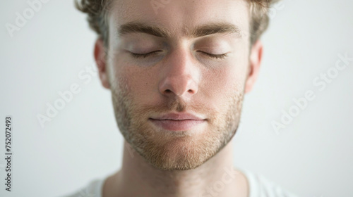 Close up of handsome man’s face with beard and moustache, eye closed meditating with calm and serenity in white room in background