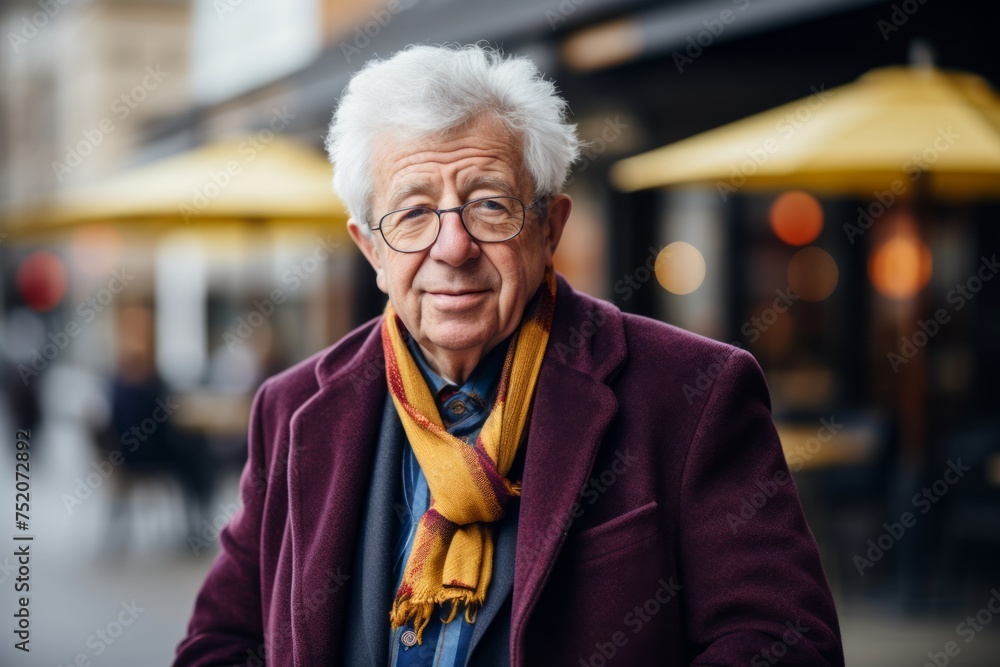 Portrait of a senior man wearing a coat and scarf in the city Portrait of a senior man wearing a coat and scarf in the city