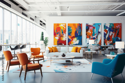 An office interior boasting a clean  monochromatic color scheme  enlivened by splashes of lively colors in statement furniture pieces and artwork.