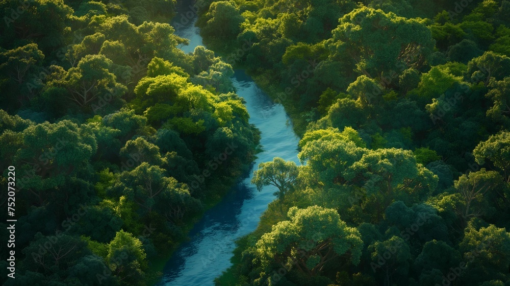 Aerial view capturing a winding river surrounded by lush trees.