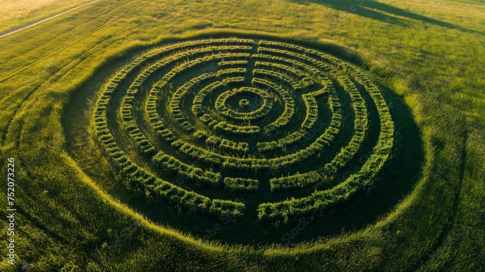 Aerial view, capturing a grass labyrinth on a vast field. Aerial view, capturing a grass labyrinth on a vast field.