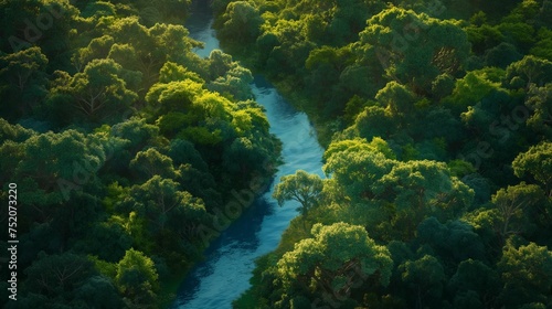 Aerial view capturing a winding river surrounded by lush trees.