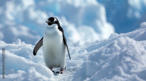An image of a penguin moving across a snowy landscape. © kept
