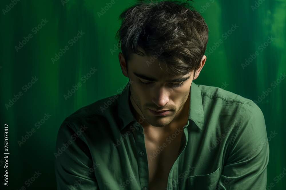 Worried young man on green background, closeup