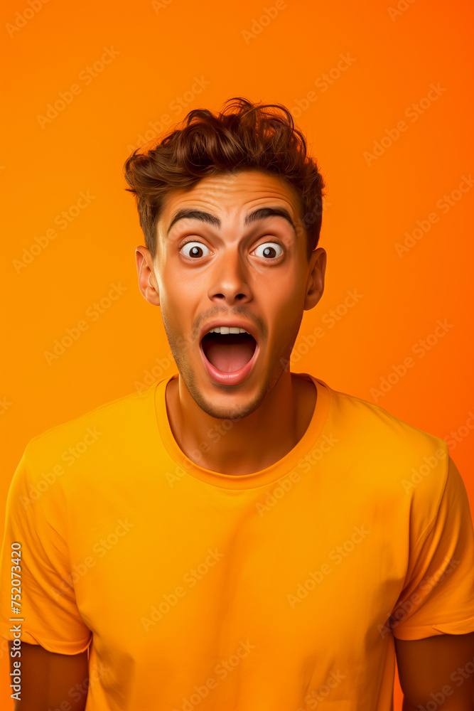 Young handsome man making funny faces on orange background Young handsome man making funny faces on orange background