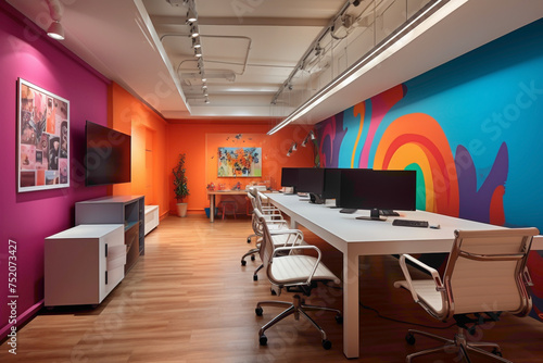 An office interior characterized by its simplicity, with occasional bursts of cheerful, lively colors in select elements. photo