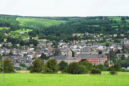 Panoramic view over the city Stavelot and its abbey in the Walloon Ardennes, Belgium