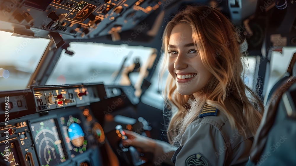 female pilot sitting in the cockpit, Pilot career concept female pilot sitting in the cockpit, Pilot career concept