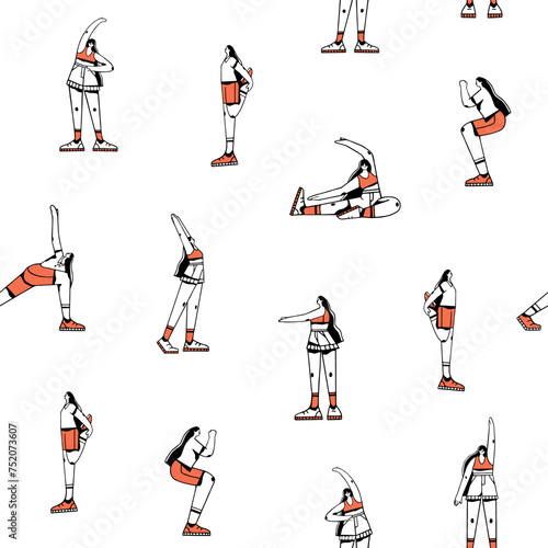 Repeatable pattern of workout, fitness. Women training, do physical exercises, stretching. Girl practices sport on contour print. Morning activity to care about body. Flat seamless vector illustration