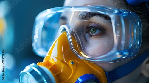 woman wearing a gas mask an...
