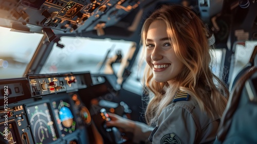 female pilot sitting in the cockpit, Pilot career concept