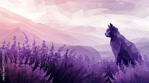 Lose yourself in the ethereal beauty of this captivating image featuring a silhouette of a black cat amidst a dreamy backdrop of purple wildflowers. © ketsarin