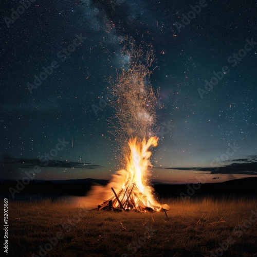 A majestic bonfire crackles under the starlit sky marking the summer solstice as a symbol of light and renewal photo