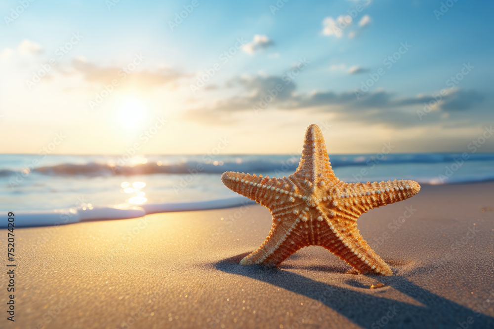 beach with starfish in the sand, space for copy text. Summer holiday concept beach with starfish in the sand, space for copy text. Summer holiday concept