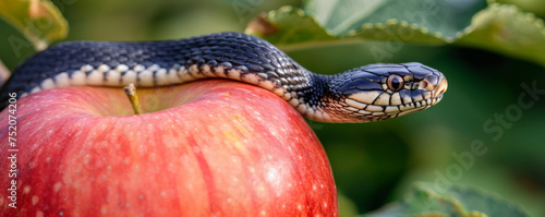 A snake coils around a ripe red apple, its sinuous form contrasting with the fruit's smooth surface.