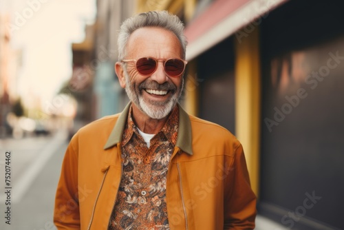 Portrait of a smiling senior man in sunglasses on the street.