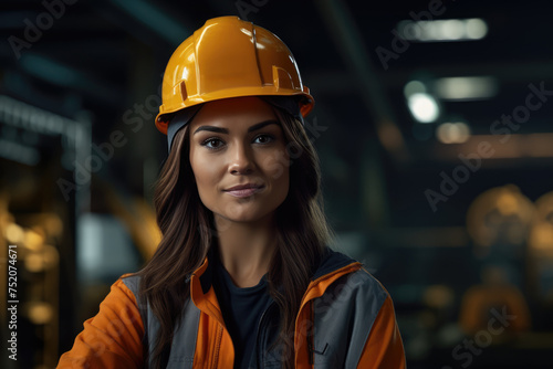 Portrait of a leader standing in a hard hat. woman in a helmet. engineer or builder. architect