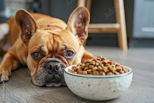 Cute French bulldog on the floor with a bowl of food. 