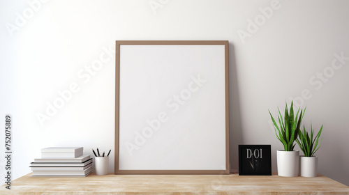 An office interior featuring a blank white empty frame  displaying a minimalistic  black and white typographic design.