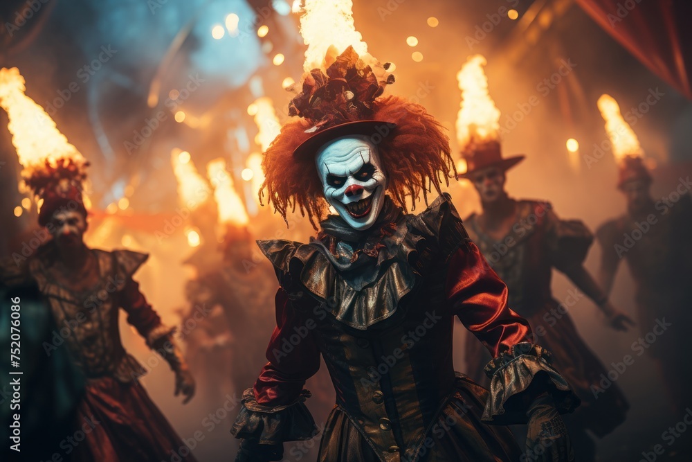 Creepy clowns and eerie acrobats perform under the ghastly glow of an evil carnival