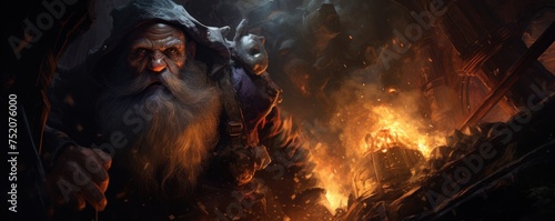 A solitary gnome engineer exits an explosion site his creation igniting the dungeons shadows photo