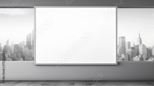 An office interior featuring a blank white empty frame, displaying a simple, monochromatic cityscape illustration.