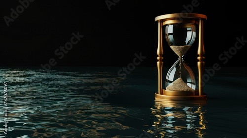 Hourglass placed on water, casting a slight reflection, ideal for a background symbolizing time is running out