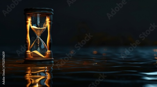 An hourglass placed on water, casting a subtle reflection, serves as an ideal background symbolizing deadlines and the importance of time.