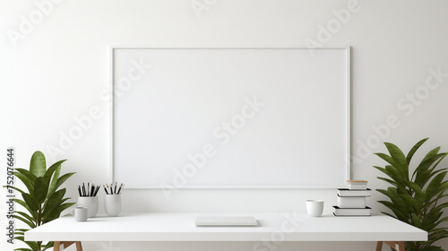 An office interior featuring a blank white empty frame, displaying a simple, monochromatic typographic design. photo
