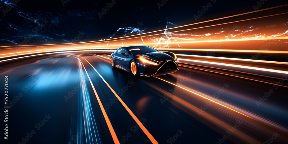 A car moving along the motorway at high speed. High-Speed Journey on the Motorway