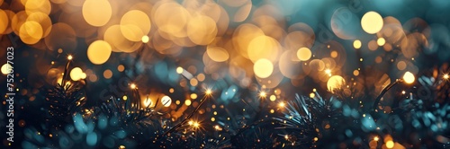 Christmas garland bokeh lights over bokeh gold dark blue background photo