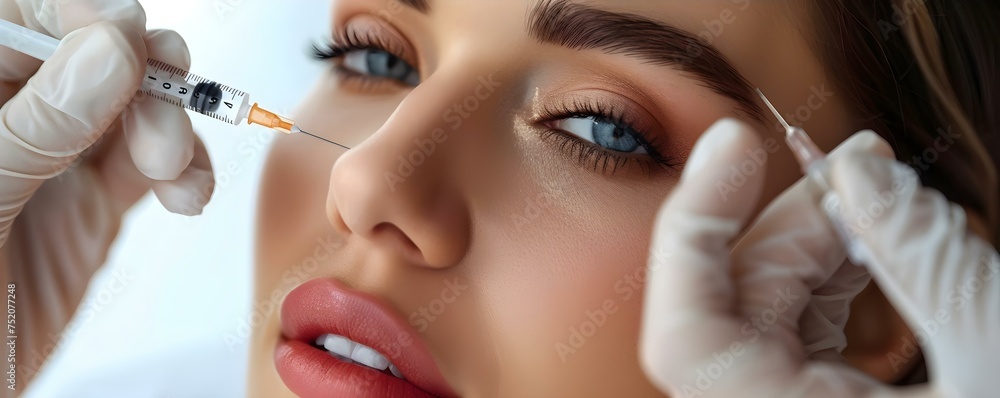Woman undergoing cosmetic facial injection as part of rejuvenation treatment. Concept Facial Injections, Cosmetic Procedures, Rejuvenation Treatment, Aesthetic Medicine, Beauty Enhancements Woman undergoing cosmetic facial injection as part of rejuvenation treatment. Concept Facial Injections, Cosmetic Procedures, Rejuvenation Treatment, Aesthetic Medicine, Beauty Enhancements