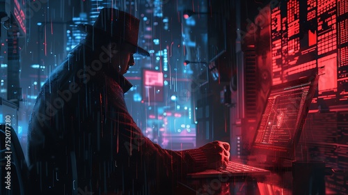 Noir Detective in Cyberpunk Rain at Computer Terminal