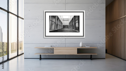 An office interior featuring a blank white empty frame, displaying a minimalistic, black and white architectural photograph.