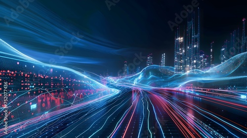 Abstract technology background illustration of a city at night  featuring light trails and wireframe hill in 3D rendering.