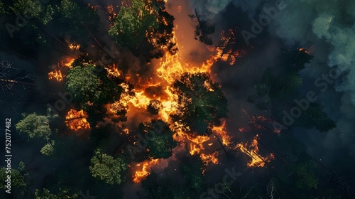 Aerial top view forest tree of ecological disaster of fires Lungs from forest trees and fire concept Ecology and environment creative idea Breath of planet earth.