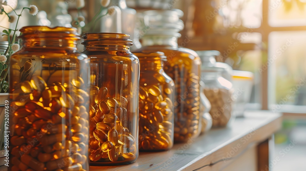 Amber glass bottles and Jars filled with capsules. Assorted vitamin pills. Amber glass bottles and Jars filled with capsules. Assorted vitamin pills.