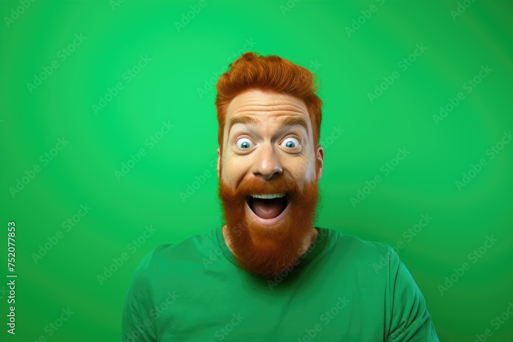 Portrait of an optimistic cheerful man with a red beard wearing a T-shirt, on a green background